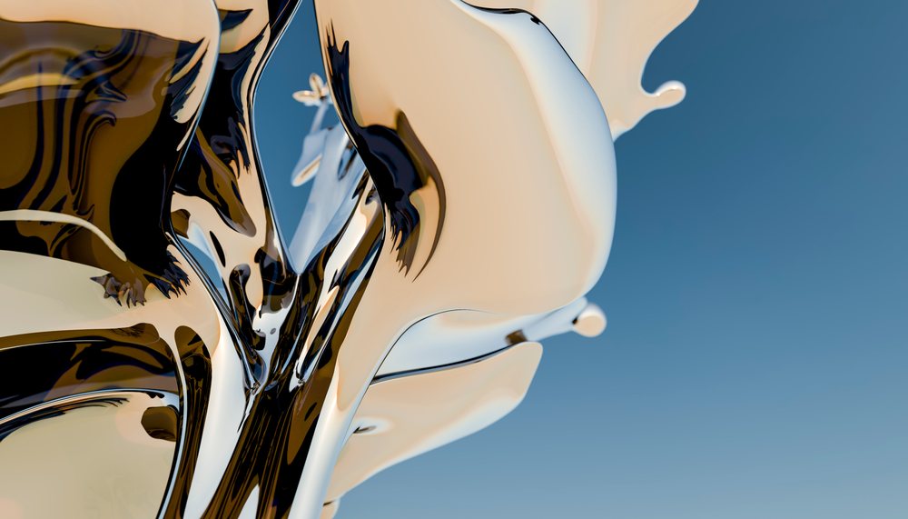 Close-up photo of flowing liquid metal splash with smooth reflective