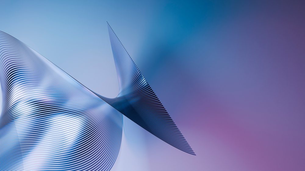 Abstract digital art showing flowing curved blue and purple ribbons on a smooth gradient background.