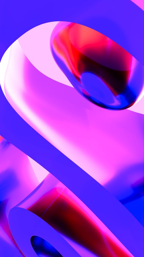 Abstract colorful fluid shapes with glossy surfaces in blue, pink, and red tones.