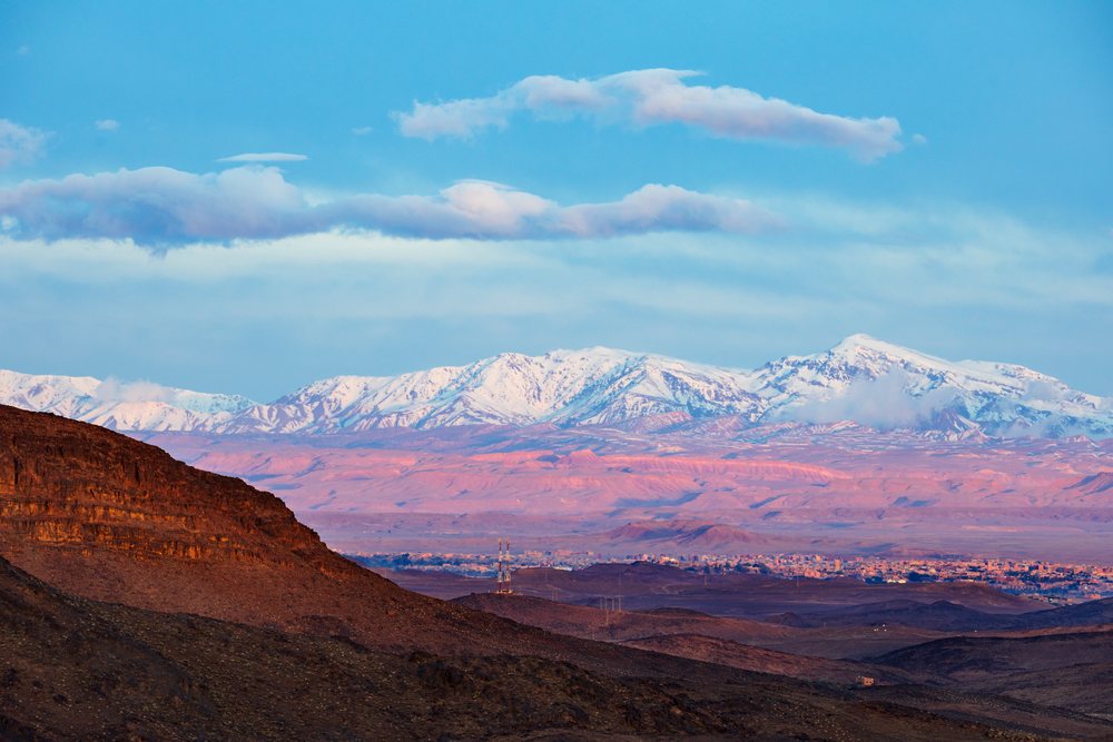 Sunrise over snow-covered Atlas Mountains seen from Tizi n'Tinififft Pass, Lifestyle, Landscape, Culture, Oazarzate, Zagora Province, Morocco.