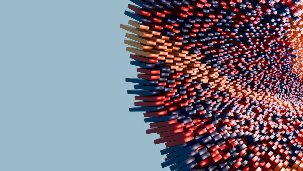Colorful 3D rectangular bars in red, blue, and orange form an abstract curved geometric pattern against a light blue background.