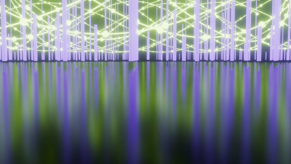 Abstract digital network with glowing connecting nodes and vertical purple columns reflected on a green surface in a futuristic illustration.