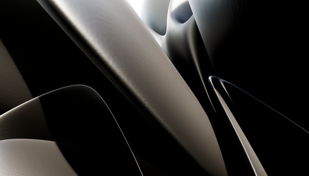 Abstract composition of shiny curved metallic surfaces with smooth texture and reflective highlights on a dark background.