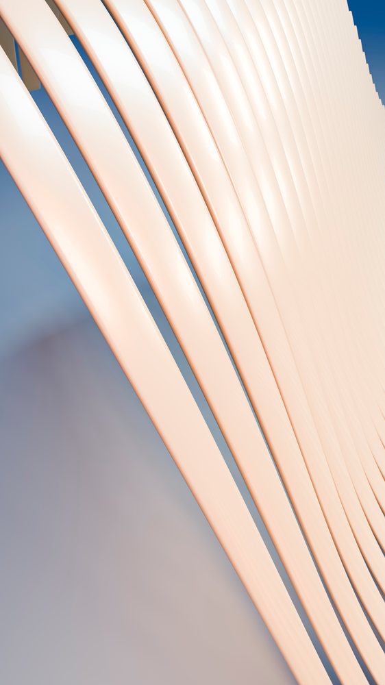 Curved abstract structure with smooth parallel lines in beige tones against a gradient background.