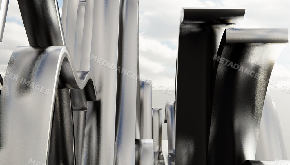Abstract modern metal sculpture with curved black and silver shapes