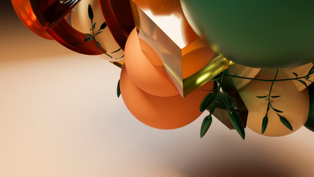 3D rendered abstract composition featuring colorful orange and green spheres, faceted crystal, and green leaf sprigs in a geometric and artistic arrangement.