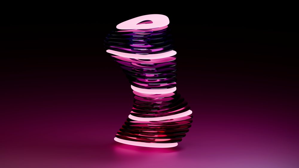 Abstract digital artwork of stacked pink and purple flat layers with glossy texture on a dark gradient background.