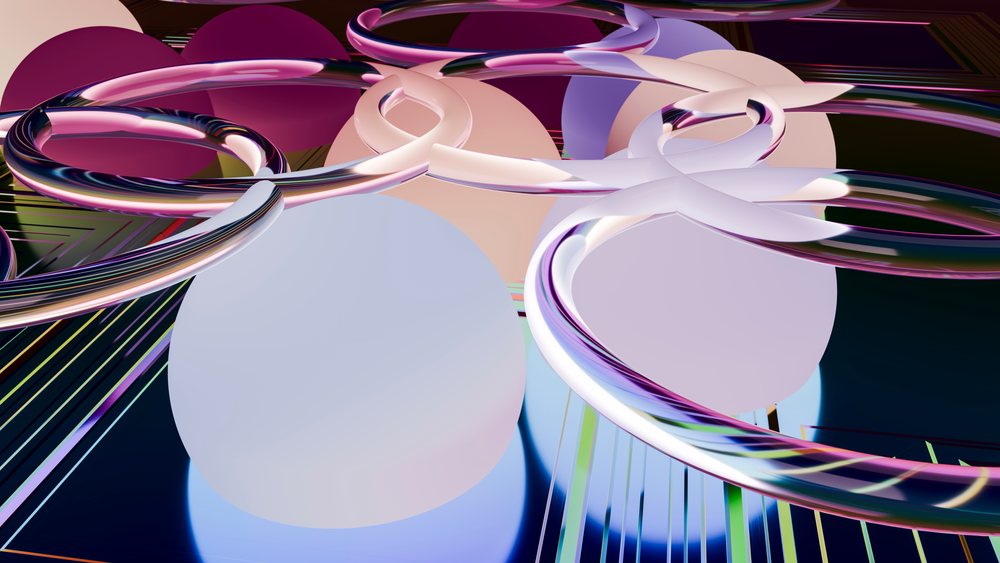 3D digital illustration of overlapping colorful rings and circles with reflective and matte surfaces.