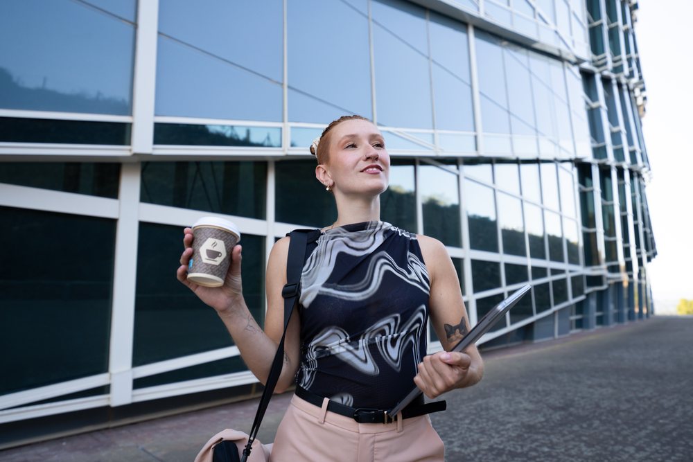 Businesswoman with tattoos holding coffee cup and laptop outside a modern office building, businesswomen, Spain.