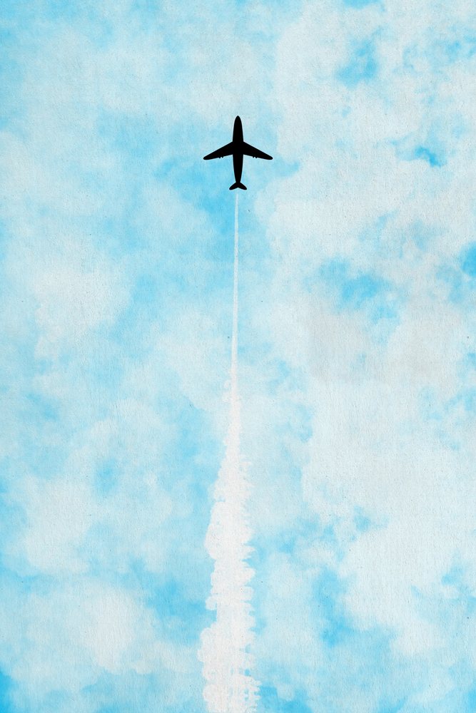 Airplane flying at high altitude leaving a white contrail trail across a partly cloudy blue sky in an illustration style.