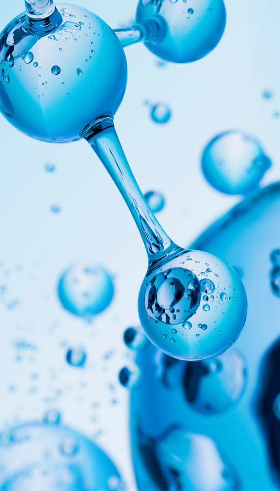 Water molecules connected by hydrogen bonds shown in a detailed blue molecular structure illustration.