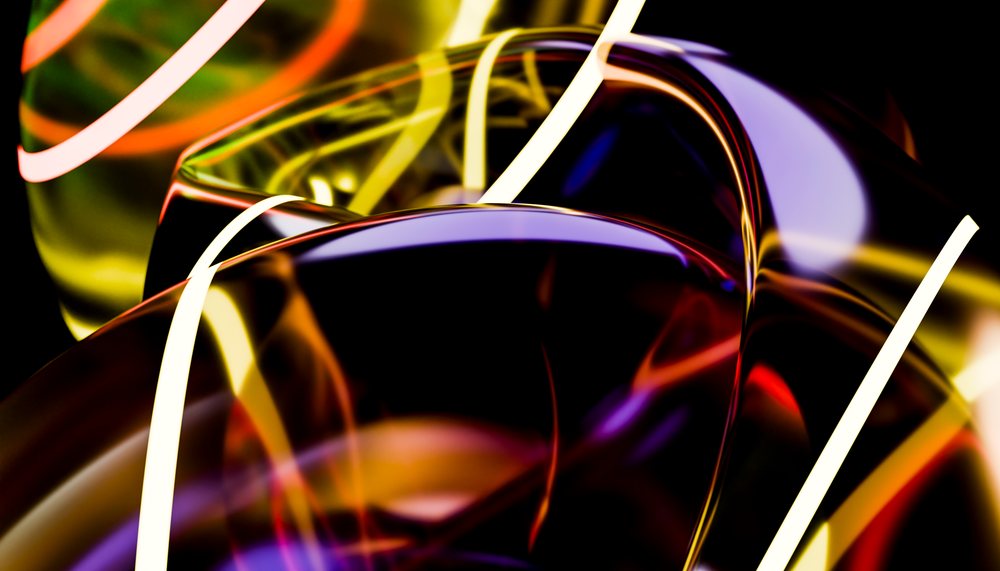 Abstract colorful curves and light reflections on transparent glass surfaces.