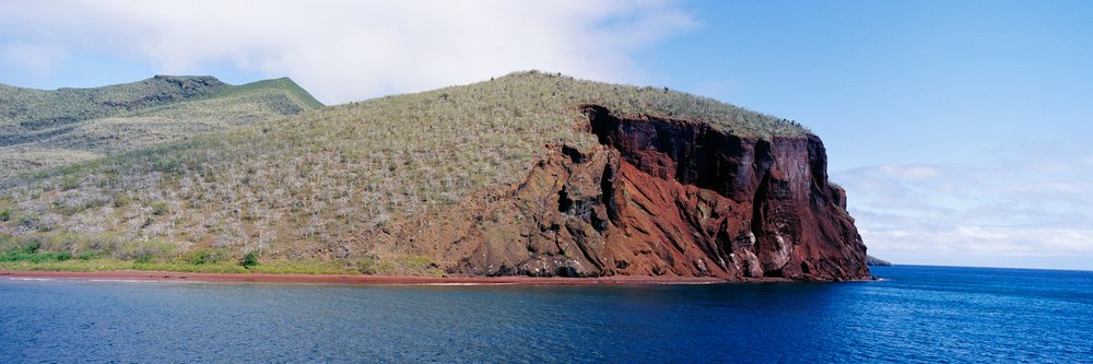 The red rocky cliffs and sparse vegetation of Isla Rabida meet the blue waters of the Pacific Ocean in the Galapagos Islands, Isla Rabida Galapagos Islands, Ecuador.