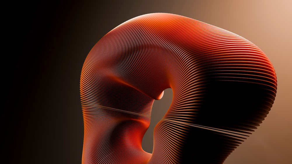 3D orange sculpture with smooth curved concentric lines on a dark gradient background.
