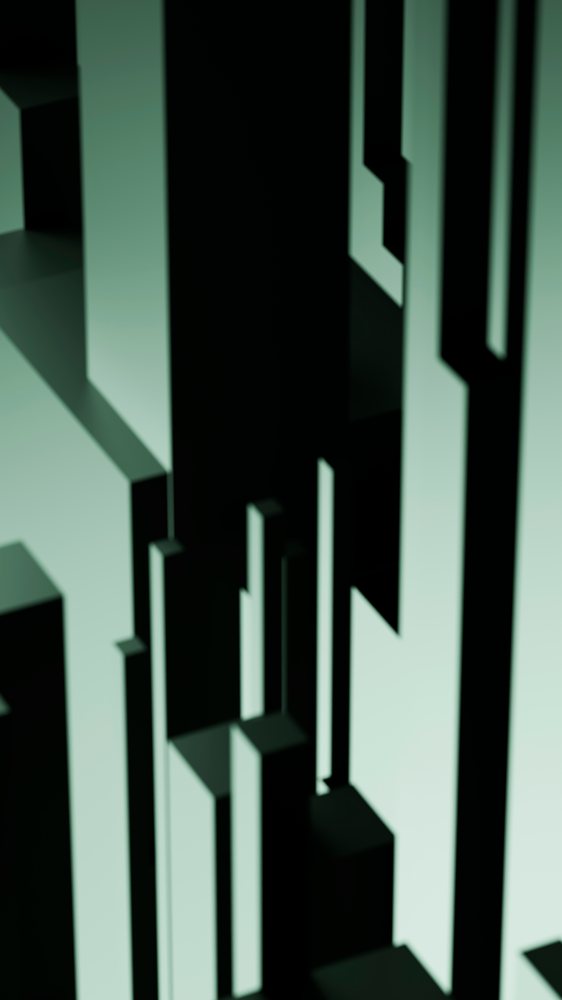 Abstract digital illustration featuring vertical green-toned 3D blocks casting shadows in a minimalist composition.