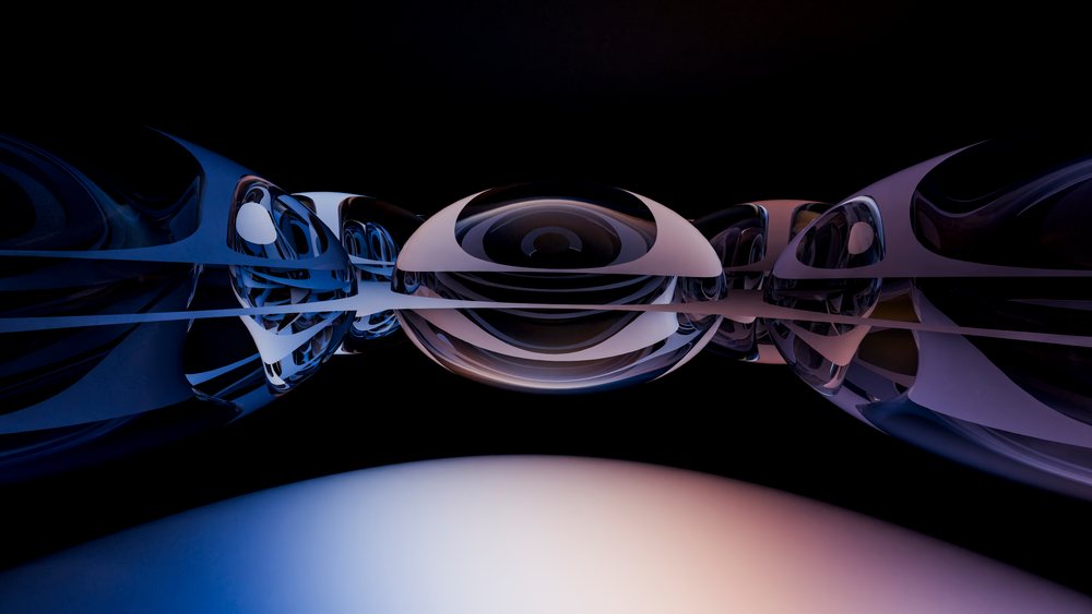 Abstract digital illustration showing symmetrical reflective glass spheres with blue and purple lighting on a dark background.