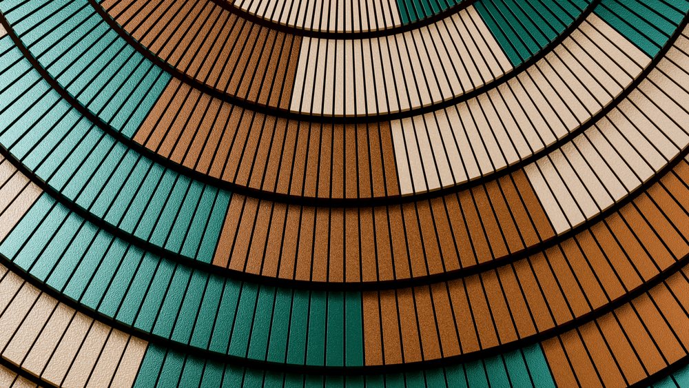 Abstract decorative surface featuring textured concentric circles in brown, beige, and green stripes.