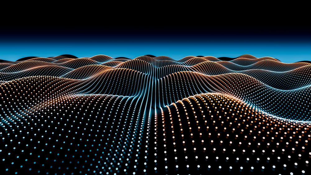 Digital 3D illustration of undulating wave patterns formed by glowing orange and blue dots on a dark background.