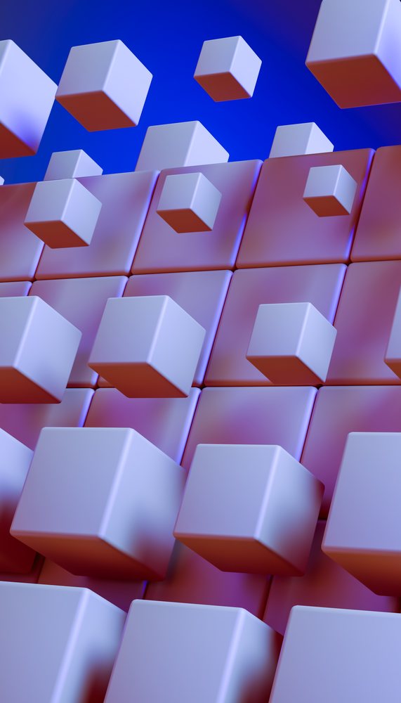 Digital abstract illustration of 3D floating cubes before a larger cubic grid with blue and purple lighting, render, wallpaper.