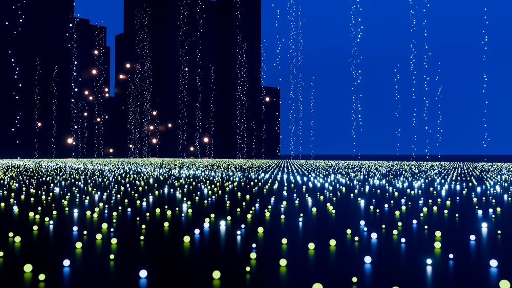 Digital illustration showing scattered glowing blue and green lights with vertical light streams against a dark blue background.