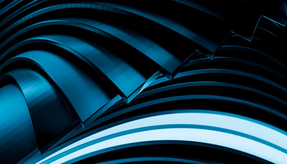 Abstract digital art with smooth, shiny blue and black curved layers forming a futuristic pattern.