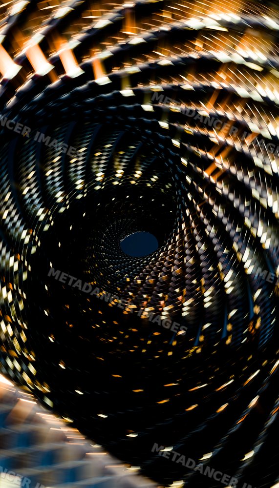 A close-up rendering of a spiral metal architectural structure