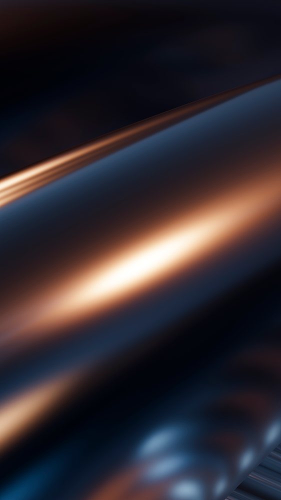 Digital abstract artwork featuring smooth, wavy dark blue and warm brown gradients with metallic shine and a glossy surface.