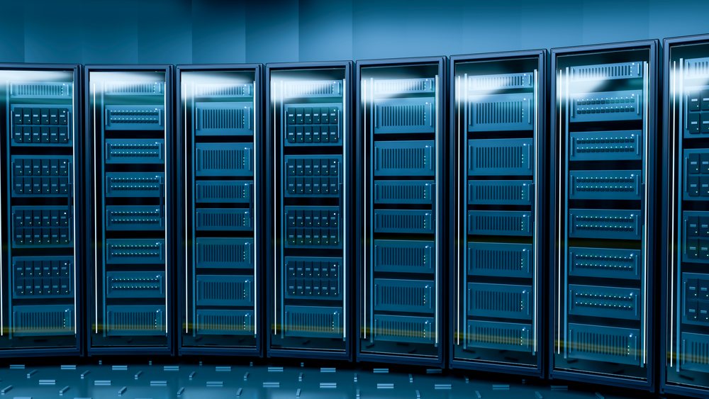 Illustration showing a row of server racks in a data center with visible network hardware and electronic components inside cabinets.