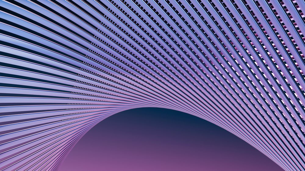 Abstract curved structure with parallel lines forming a wave against a purple gradient background.