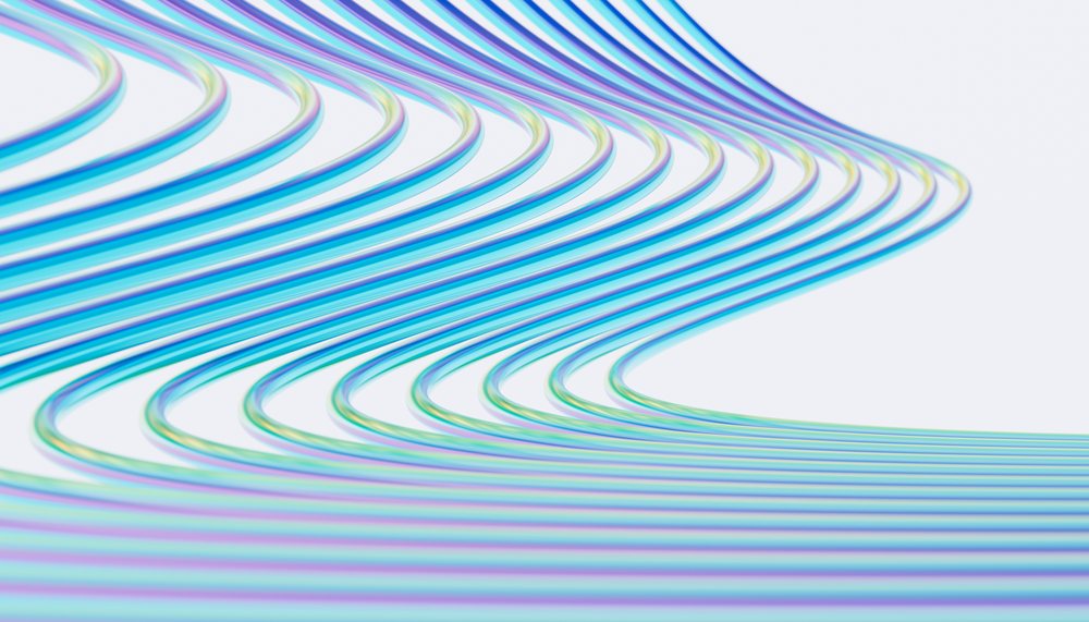 Blue and colorful curved parallel lines forming an abstract flowing pattern on a light background.