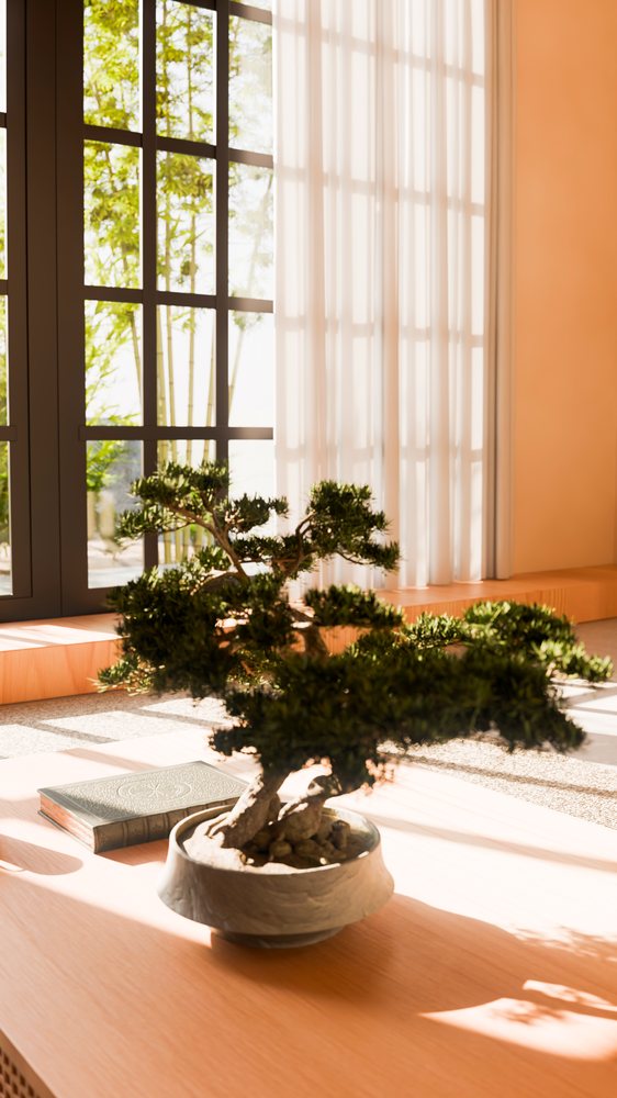 Potted bonsai tree on a wooden table in sunlight near a large window with sheer curtains and a book beside it.