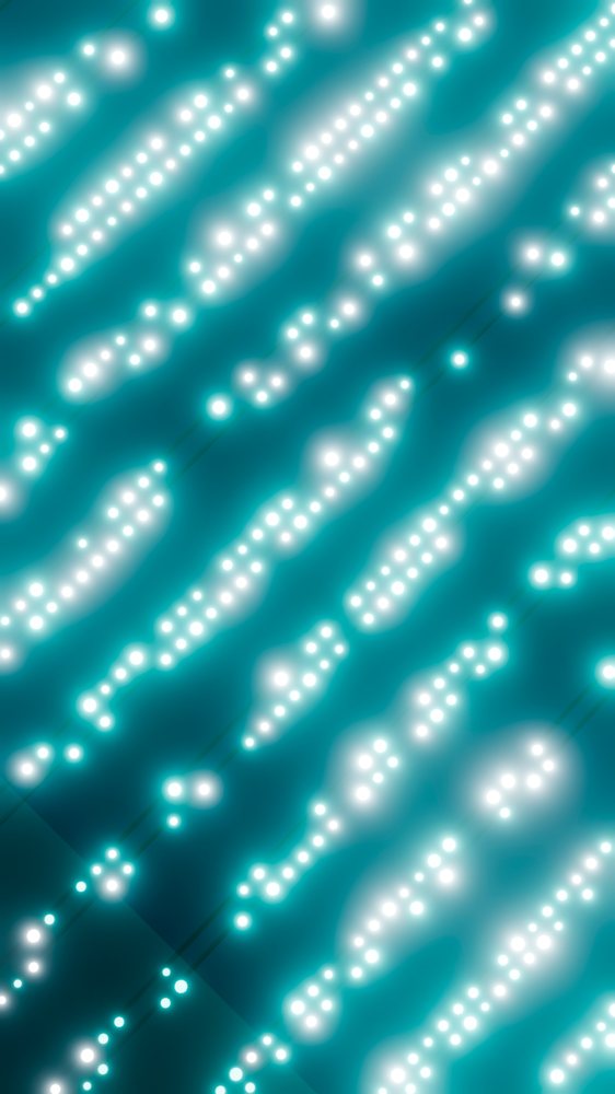 Abstract digital artwork showing glowing white dots arranged in diagonal linear patterns on a blue-green blurred background.