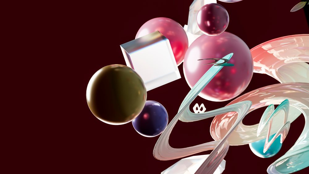 Floating glossy spheres and white cubes with curved translucent abstract shapes against a dark maroon background in digital abstract art.