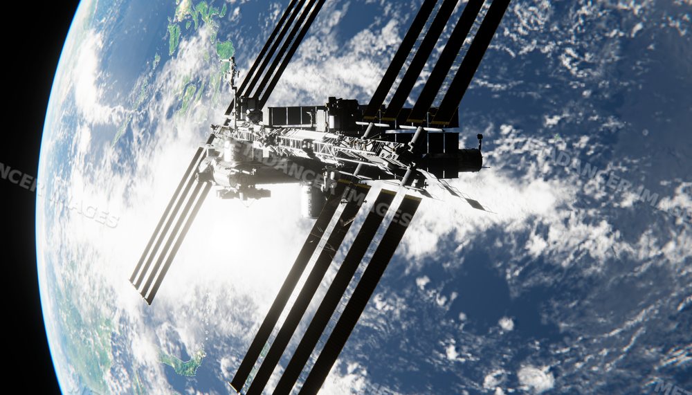A space station orbits earth with solar panels extended in space