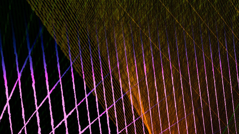 Colorful abstract pattern of diagonal glowing lines forming a grid on a black background.