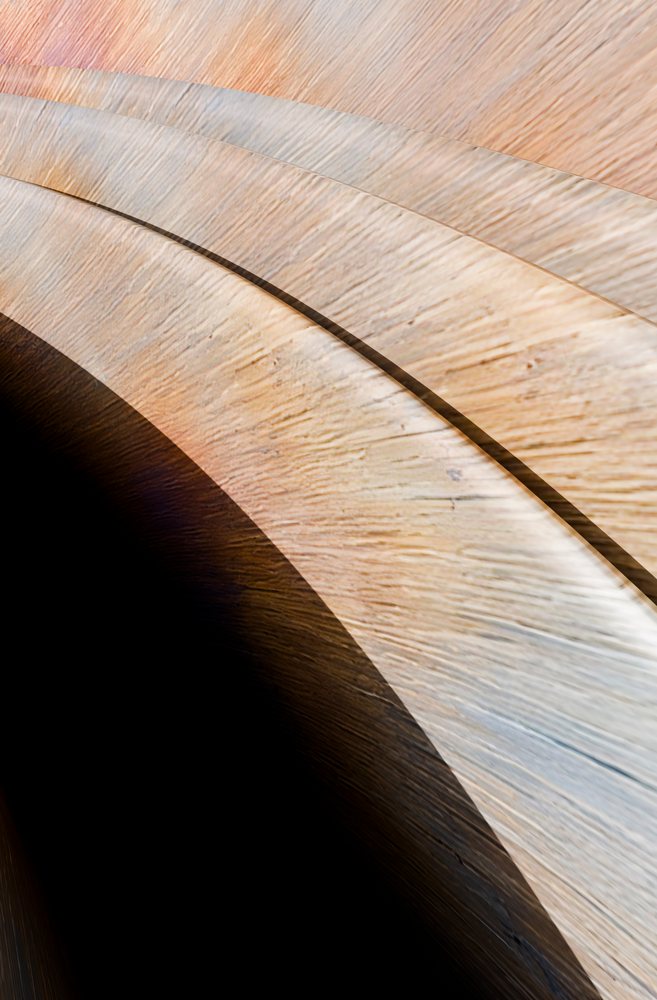 Close-up photograph of a curved wooden architectural detail highlighting wood grain and smooth surfaces.