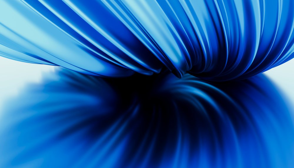 Blue fabric with smooth folds and shiny texture reflecting light in an abstract style.