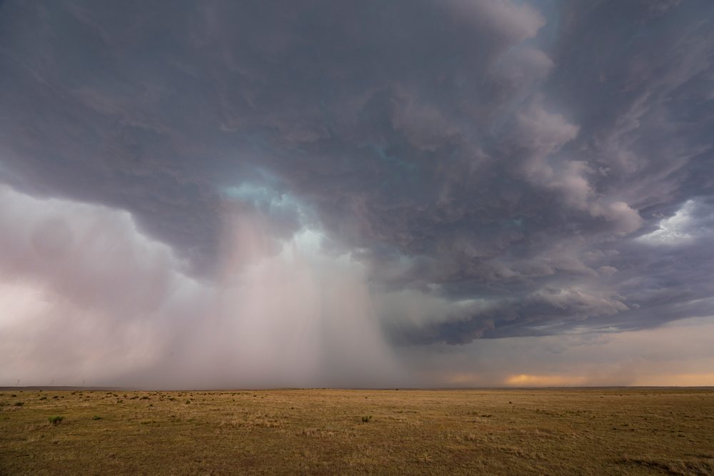 Developing High Precipitation Storm with dense rain curtain moves over an open grassy field, Storm Chasing, Weather, Environment, Kit Carson, Colorado, USA.