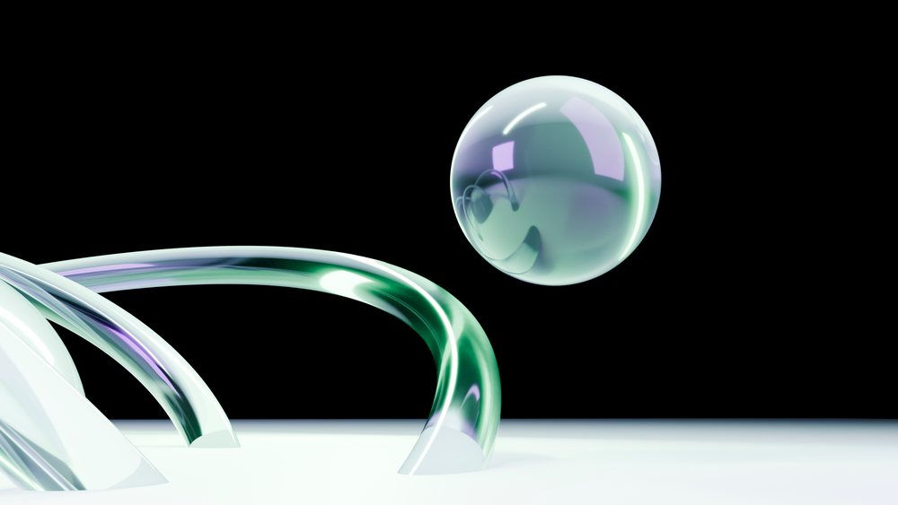 Transparent sphere floats near curved glossy tubes on a white surface with a black background in a modern digital abstract illustration.