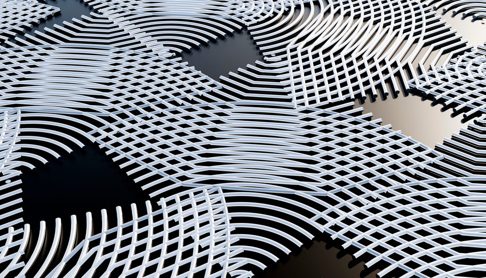 Abstract curved white grid pattern with black background creating a dynamic wave-like surface.