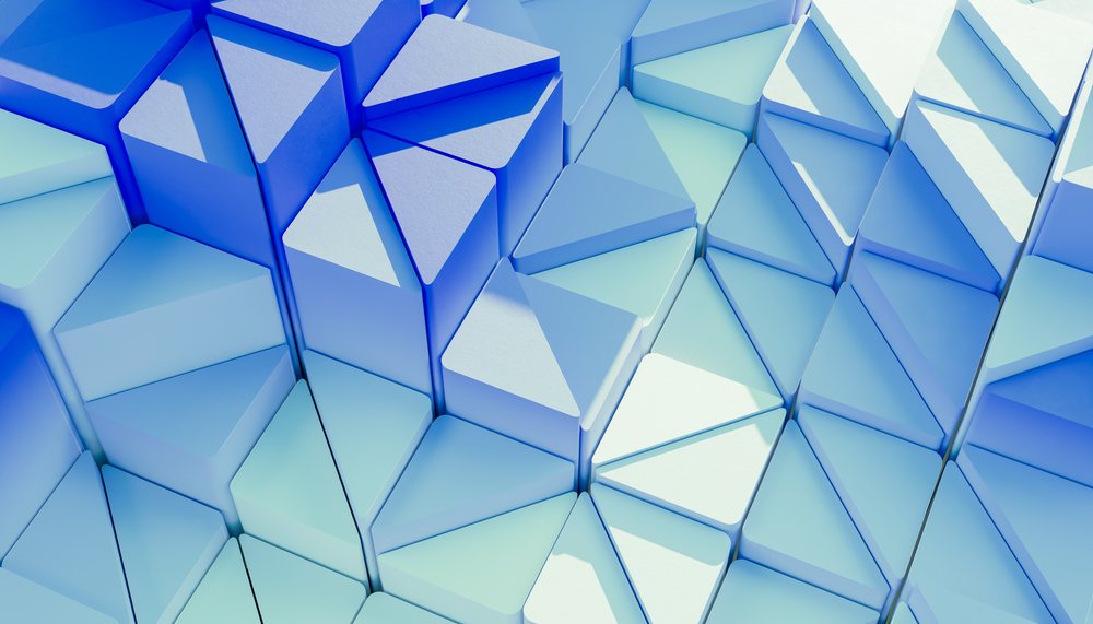 Abstract 3D render of blue triangular geometric shapes forming a repeating pattern with shadows and highlights.