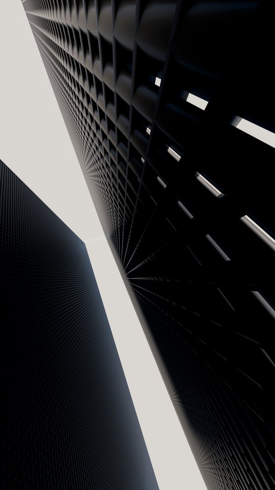 Facades of two skyscrapers with grid patterns and sleek dark exteriors captured from below in a vertical perspective.