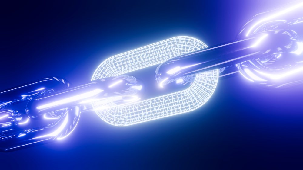 Glowing futuristic digital chain composed of metallic links with one wireframe chain link.