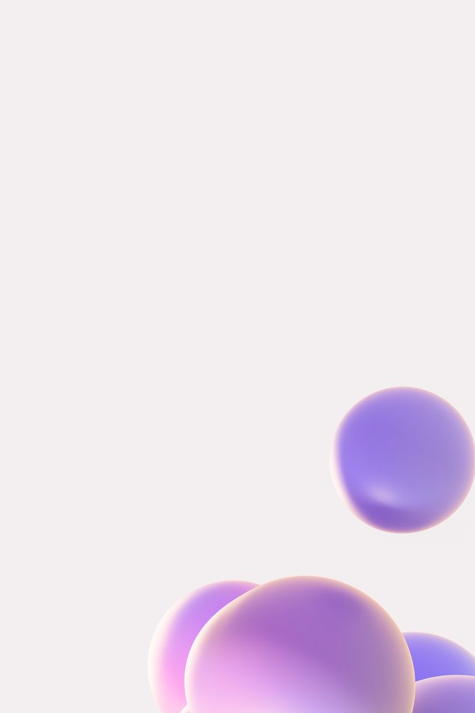 Abstract digital render of floating purple and pastel spheres on a white background.