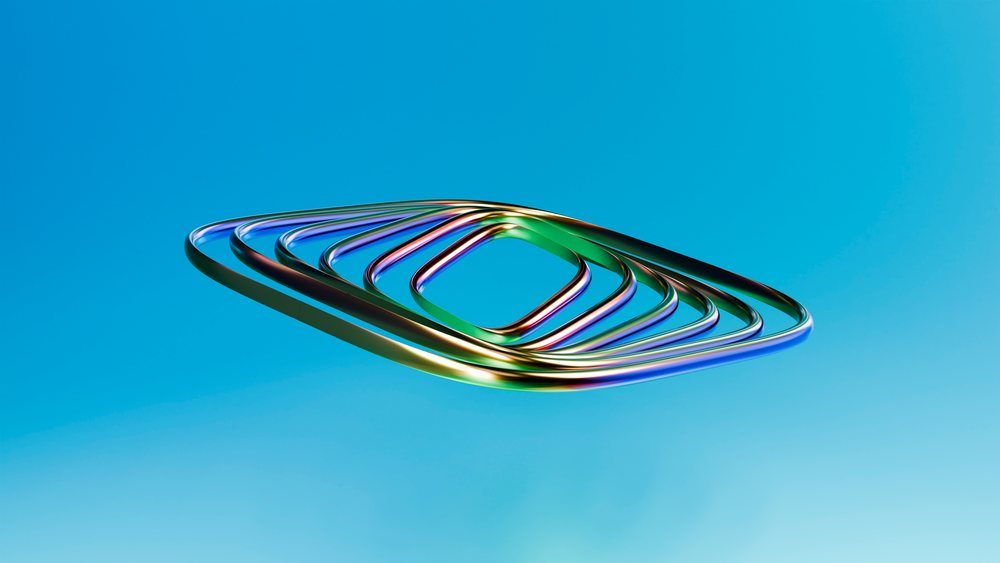 Colorful metallic 3D abstract shapes float against a blue background in a digital illustration.