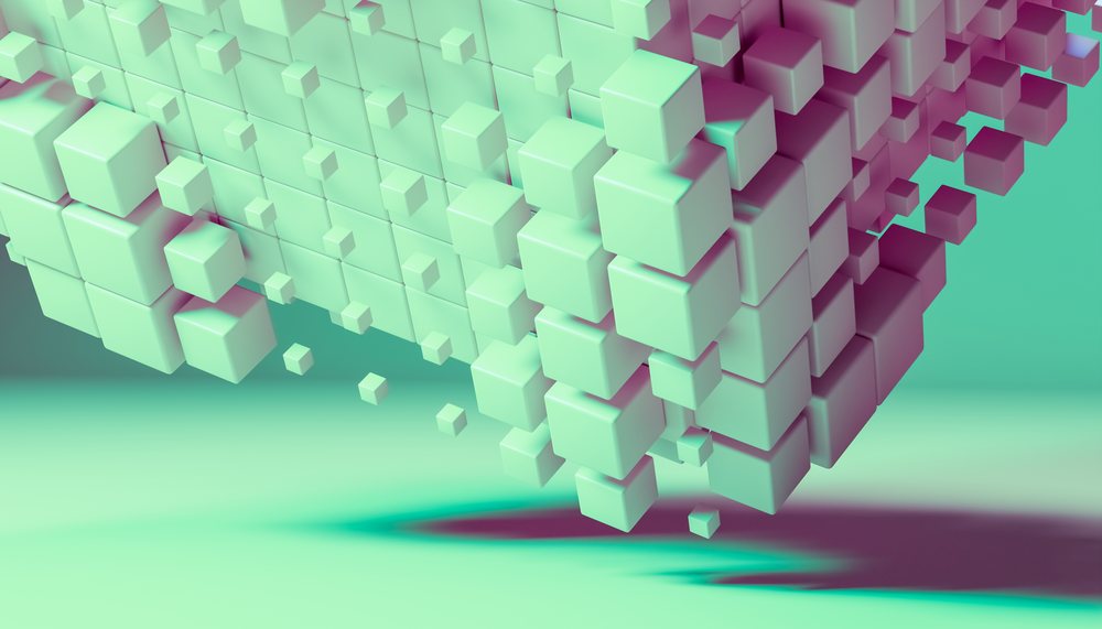 Floating clusters of green 3D cubes form an abstract geometric digital art composition, render, wallpaper.