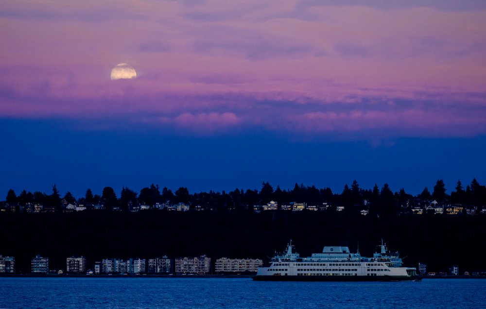 Ferry crossing a body of water near residential buildings along a forested coastline with the moon rising in the evening sky, USA.