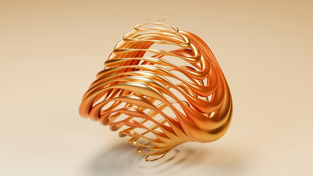 Abstract metallic sculpture with smooth golden and orange curves floating against a minimalist beige background.