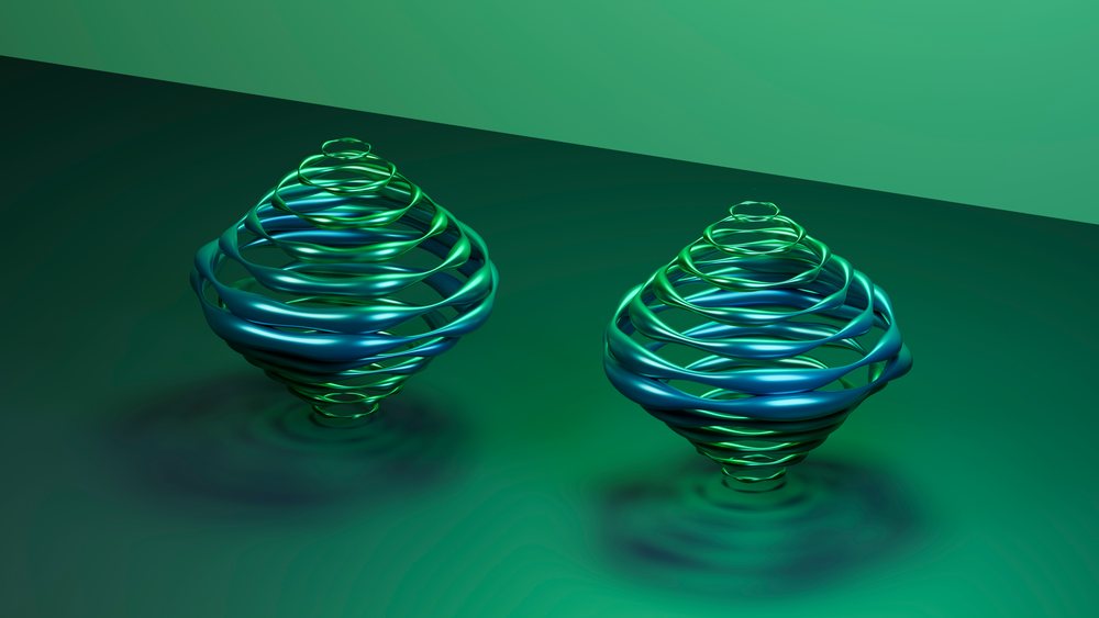 Abstract digital art depicting two twisting blue and green spiral shapes with smooth curves on a green background.