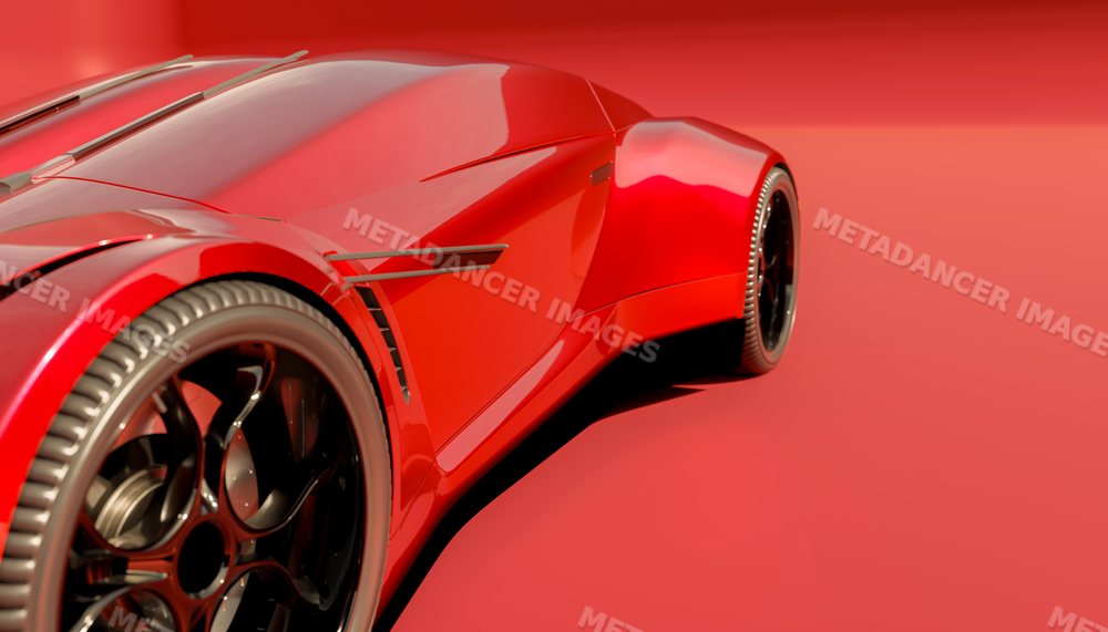 Close-up of sleek red sports car front and side with black alloy